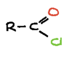 <p>carbon atom double-bonded to an oxygen atom (a carbonyl group) and also single-bonded to a chloride</p>