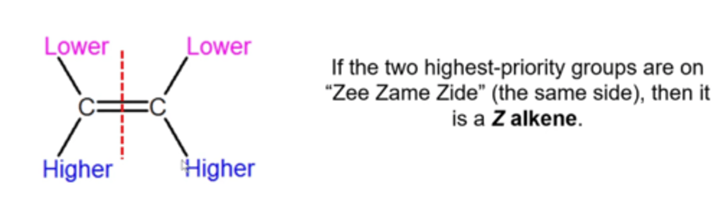 <p>this applies to molecules that have less than 2 H groups so that they can't be cis or trans</p><p>-split the molecules in half and prioritize either group based on atomic number, with double bonds outranking single bonds</p><p>-Z is same side priorities</p><p>-E is opposite side priorities</p>
