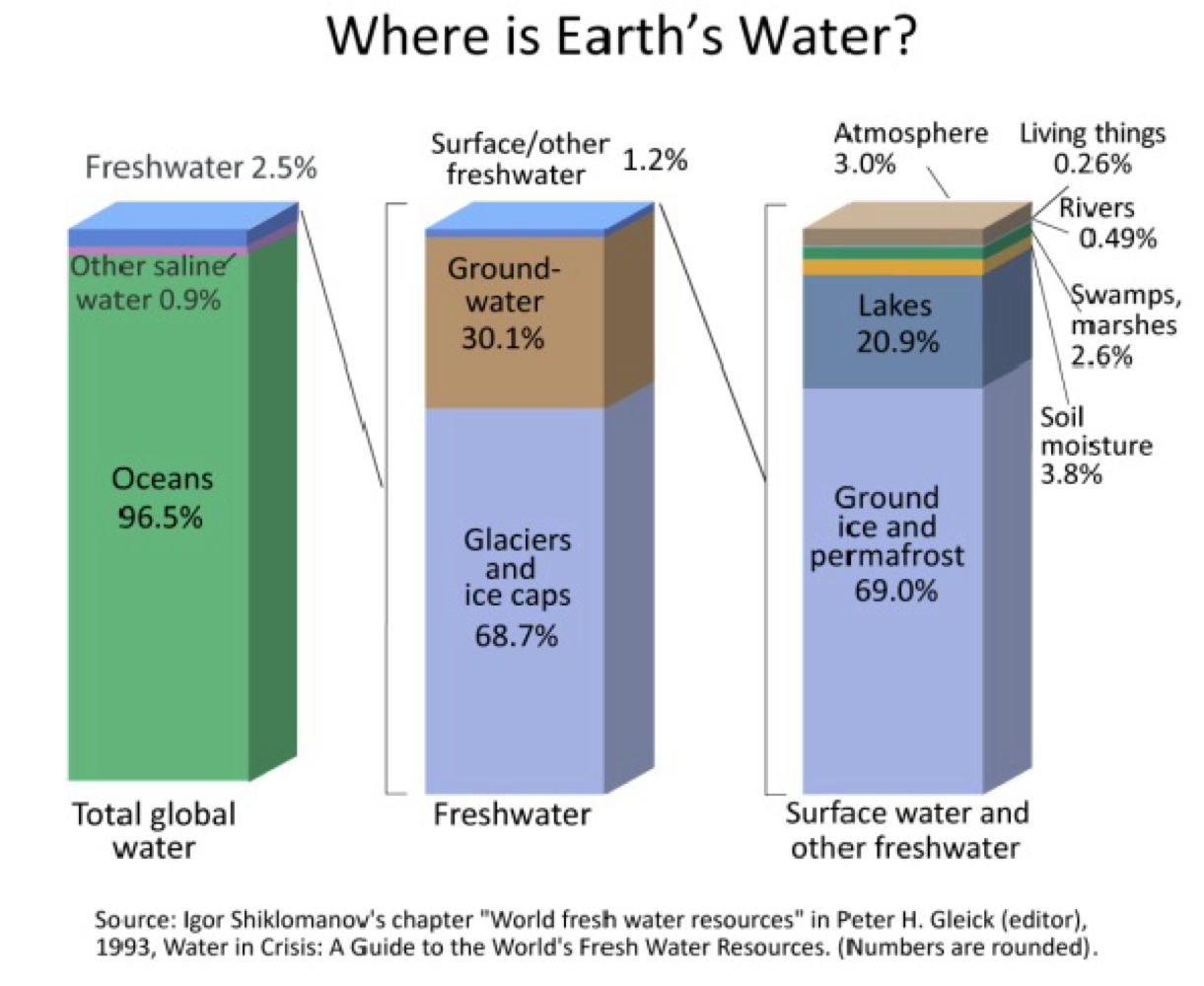 <ul><li><p>covers 70% of the Earth’s surface</p></li><li><p>part of what makes the Earth so unique in the solar system</p></li><li><p>most freshwater is captured in glaciers</p></li><li><p>last glacial maximum (~20,000 years ago)</p></li><li><p>lots of ice=lower sea level</p><ul><li><p>migration of land animals (ex. mammoth, horse, camel, people)</p></li></ul></li></ul><p></p>