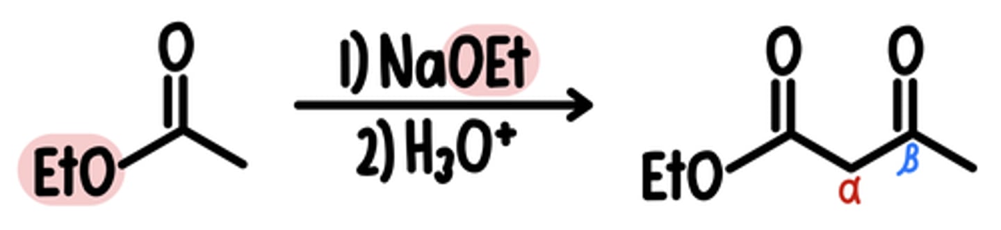 <p>Starting Material: Ester</p><p>Claisen Condensation → ꞵ-Keto Estr</p><p>Reagents: 1) NaOEt / 2) H3O+</p><p>Intermediate: Ester Enolate</p><p>*RO groups must be the same </p>