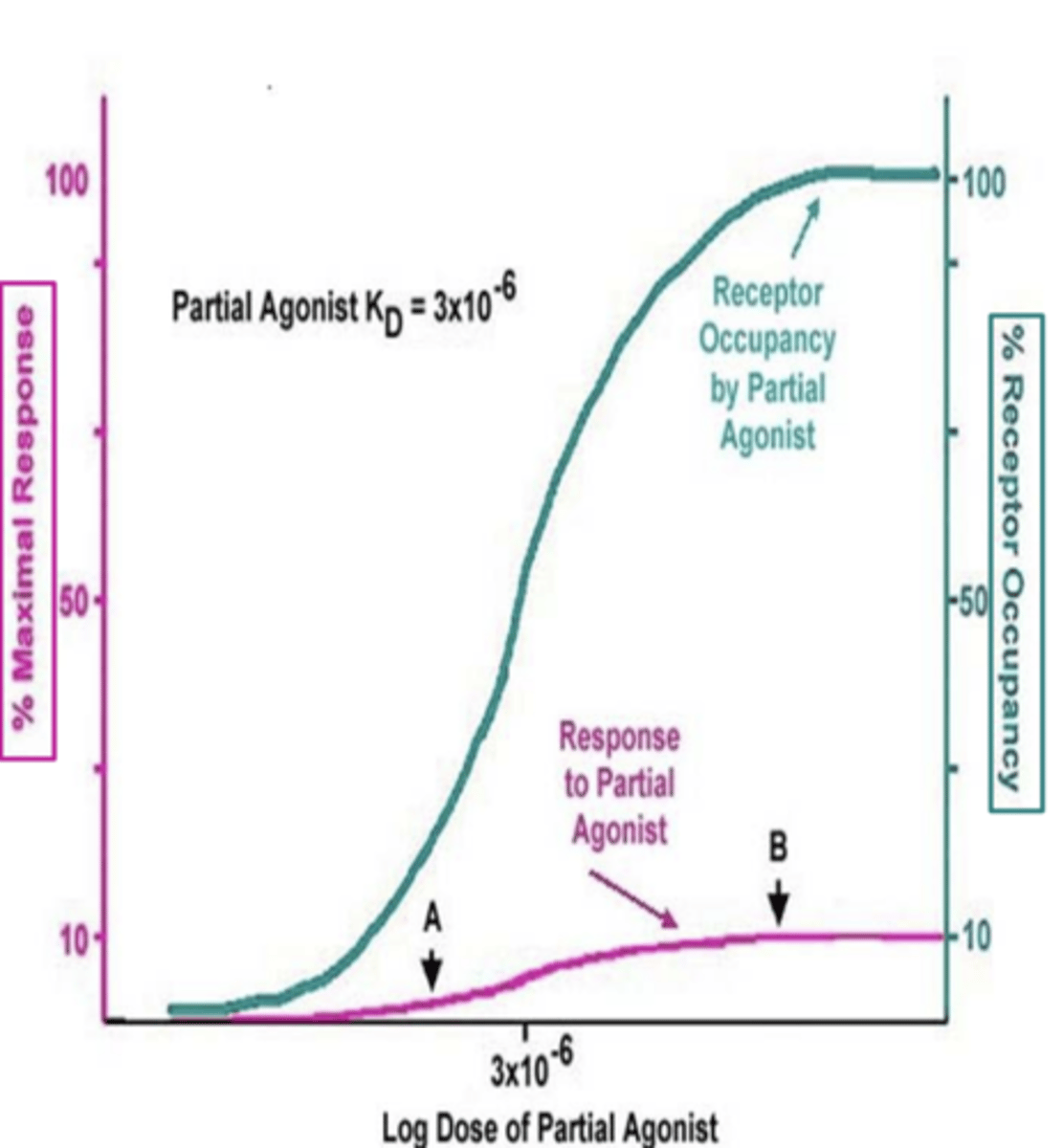 <p>TRUE</p><p>- even if a partial agonist occupies 100% of receptors, it cannot produce the max. response (ceiling effect)</p><p>(in the ex., only produces 10% of the max response regardless of the dose used)</p>