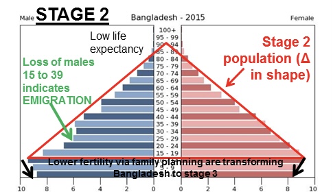 <ul><li><p>high birth rate, falling death rates (medical revolution)</p></li><li><p>high population growth</p></li></ul>