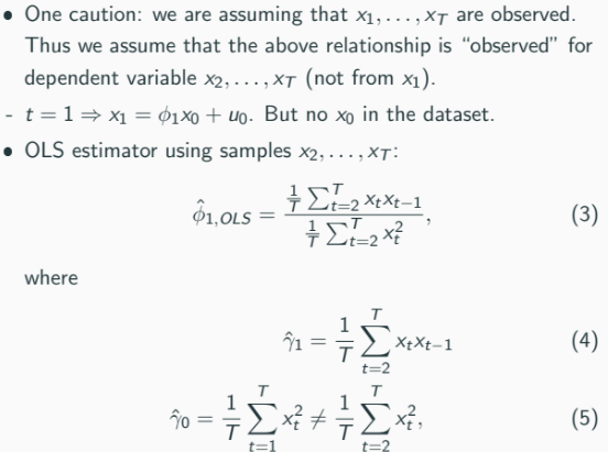"above" here is numerator in (3). The value is 'edged' one time forward. Caution: the arrangement for OLS is wrong.