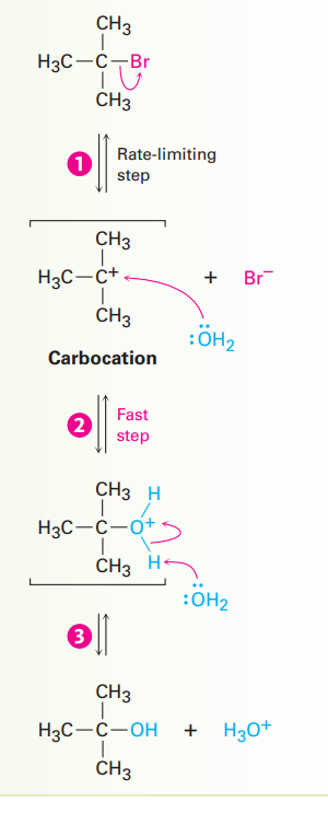<ul><li><p>Involves more than one step</p></li><li><p>Step 1: Carbon - halogen bond is broken. Which forms a carbon cation. </p><ul><li><p>This step is known as the rate-limiting step because it is the slowest step of a multi-step chemical reaction</p></li></ul></li><li><p>Step 2: A nucleophile that forms a new bond. </p><p></p></li></ul><p></p>