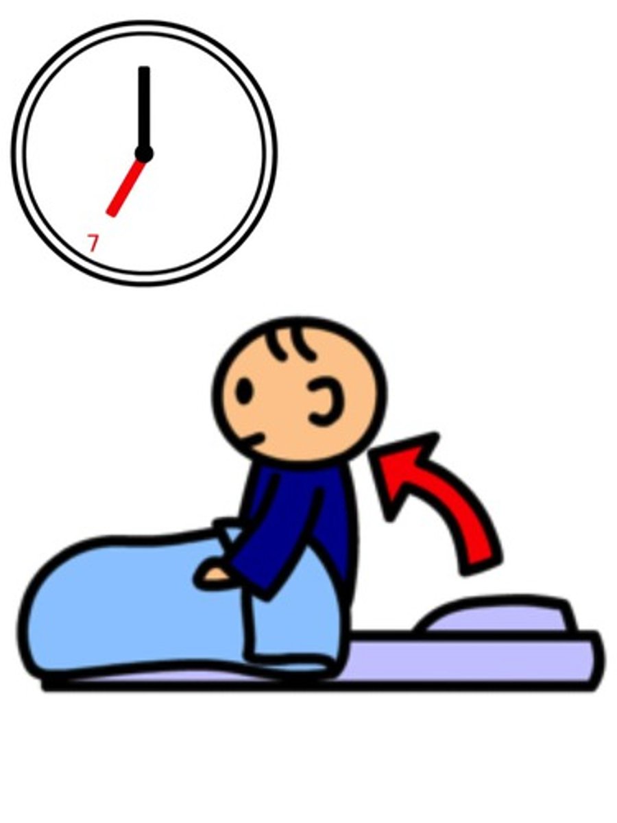 <p>To get up, to get out of bed; to occur, to happen</p>