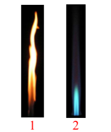 <p>In order for something to burn only fuel and oxygen are needed. On a</p><p>Bunsen burner the fuel is adjusted using the needle valve. The oxygen is</p><p>adjusted using a collar/sleeve at the bottom of the chemeny. When to</p><p>much fuel is present the 1st type of flame is produced. This is called a</p><p>dirty flame. The yellow flame is considered "dirty" because it leaves a</p><p>layer of carbon on whatever it is heating. When the ideal amount of</p><p>oxygen and fuel are mixed the 2nd type of flame is produced and appears</p><p>blue.</p>