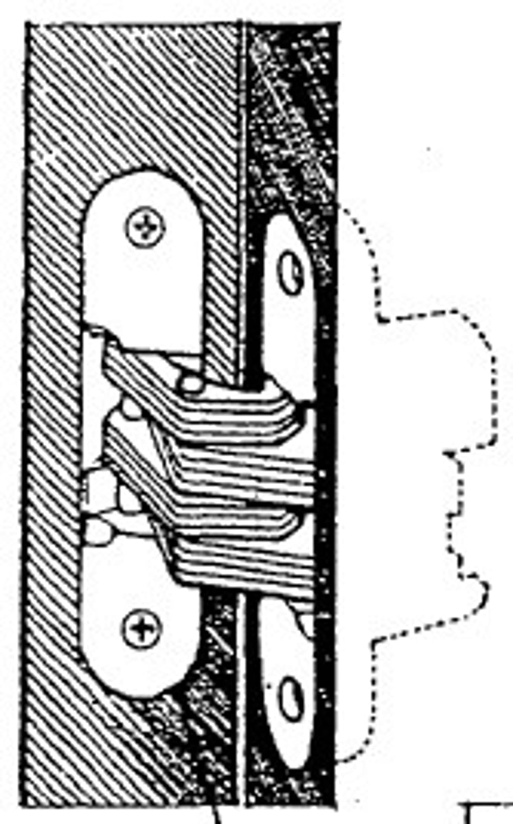 <p>A hinge consisting of a number of flat plates rotating about a central pin, with shoulders mortised into the door edge and doorframe so as to concealed when closed</p>