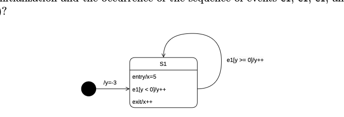 <p>What will be the resulting state of the following UML state machine diagram, and the values of variables x and y after its initialization and the occurrence of the sequence of events e1, e1, e1, and e9 (in this order, from left to right)?</p>