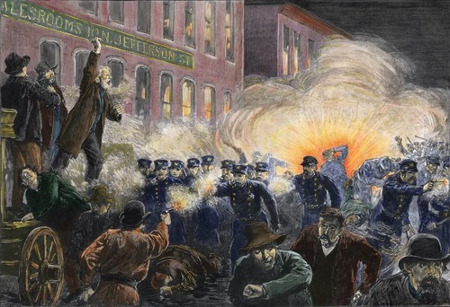 <p>3000 people gathered to protest police brutality against striking workers. As the crowd was leaving, someone threw a bomb into the police line. Police fired on the protesters. Starts to turn the public against labor unions (the Knights of Labor specifically).</p>