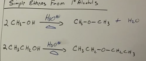 <p>Acidic reagents with heat. this is known as SIMPLE ether formation, because if you use H3O+ and heat with a secondary or tertiary alcohol, you can make an alkene. Makes symmetrical ethers. By product is water or alkene in given case.</p>