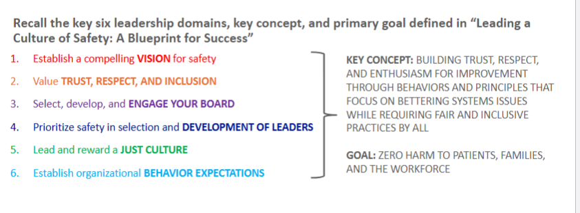 <ul><li><p><strong>key concept: building trust respect, and enthusiasm for improvement through behaviors and principles that focus on bettering systems issues while requiring fair and inclusive practices by all</strong></p></li><li><p><strong>goal: ZERO HARM to pts., families, and the workforce</strong></p></li></ul><p></p>