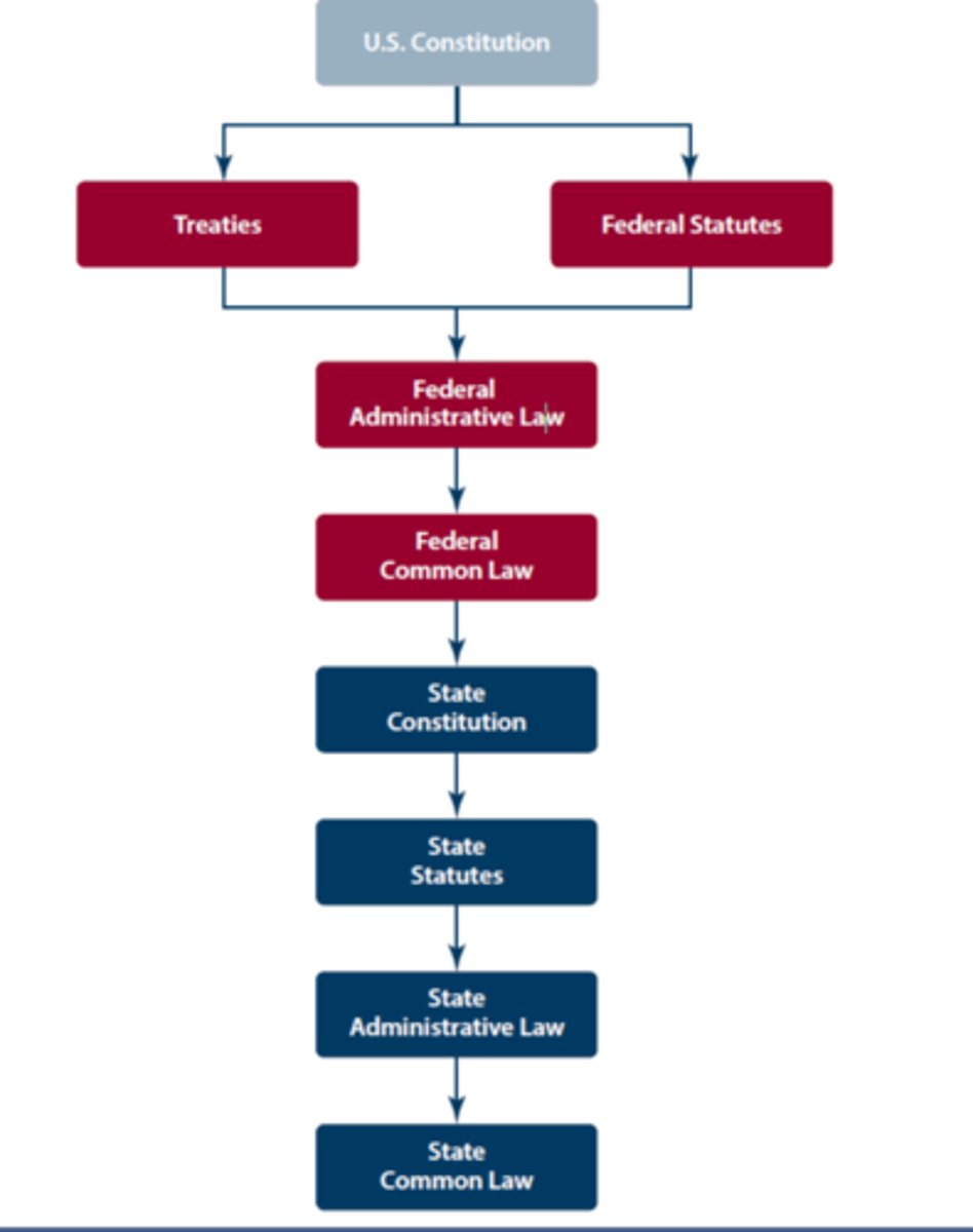 <p>- legislative law: statutes adopted by legislative bodies; includes treaties and executive orders</p><p>- administrative law: rules, regulations, orders, and decisions made by administrative agencies</p><p>- when there is a conflict of laws, the highest law on the hierarchy stands. for example, a state cannot make a law that takes away freedom of speech because it is protected under the constitution (which has more authority than the state).</p>