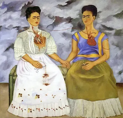 <ul><li><p><strong>ID:</strong> Frida Kahlo, 1939 CE, Oil on canvas, Mexico</p></li><li><p><strong>Content:</strong> Two self-portraits, one in traditional Tehuana dress and the other in European attire, connected by an exposed heart.</p></li><li><p><strong>Function:</strong> Represents dual identities and emotional struggle.</p></li><li><p><strong>Context:</strong> Painted after Kahlo’s divorce from Diego Rivera, reflecting personal pain.</p></li><li><p><strong>Form:</strong> Symmetrical composition, surreal yet personal symbolism, vivid colors.</p></li></ul><p></p>