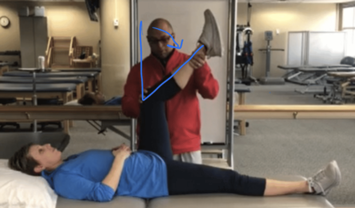 <p>purpose: test for hamstring length/tightness</p><p>procedure:</p><p>- patient supine</p><p>- examiner passively flexes test hip and knee to 90 degrees, and then extends knee until end point is met</p><p>- at the end point, the angle of the tibia from vertical is measured and symptoms are assessed</p><p>- test bilaterally </p><p>positive finding: asymmetries between two LE, provocation of concordant symptoms </p><p>*larger angle = increased impairment</p>
