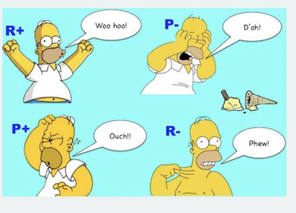 <p>-2 different ways to respond; positive and negative; huge in behavior change, and debated for many years</p><p>-both to get behavior want to see; repeated cognitive awareness and understanding</p><p><u>Reinforcement: </u>encourage wanted behavior</p><p>-positive: encourage by giving something; add good; ex=ice cream, “star jar”</p><p>*better for long run</p><p>-negative: take something away so continue behavior; remove bad; ex=seat belt stops once click</p><p><u>Punishment: </u>stop unwanted behavior</p><p>-positive: add something on as punishment for behavior not suppose to do; add bad; ex=runs at practice</p><p>-negative: stop behavior by taking something away; remove good; ex=take phone away</p>