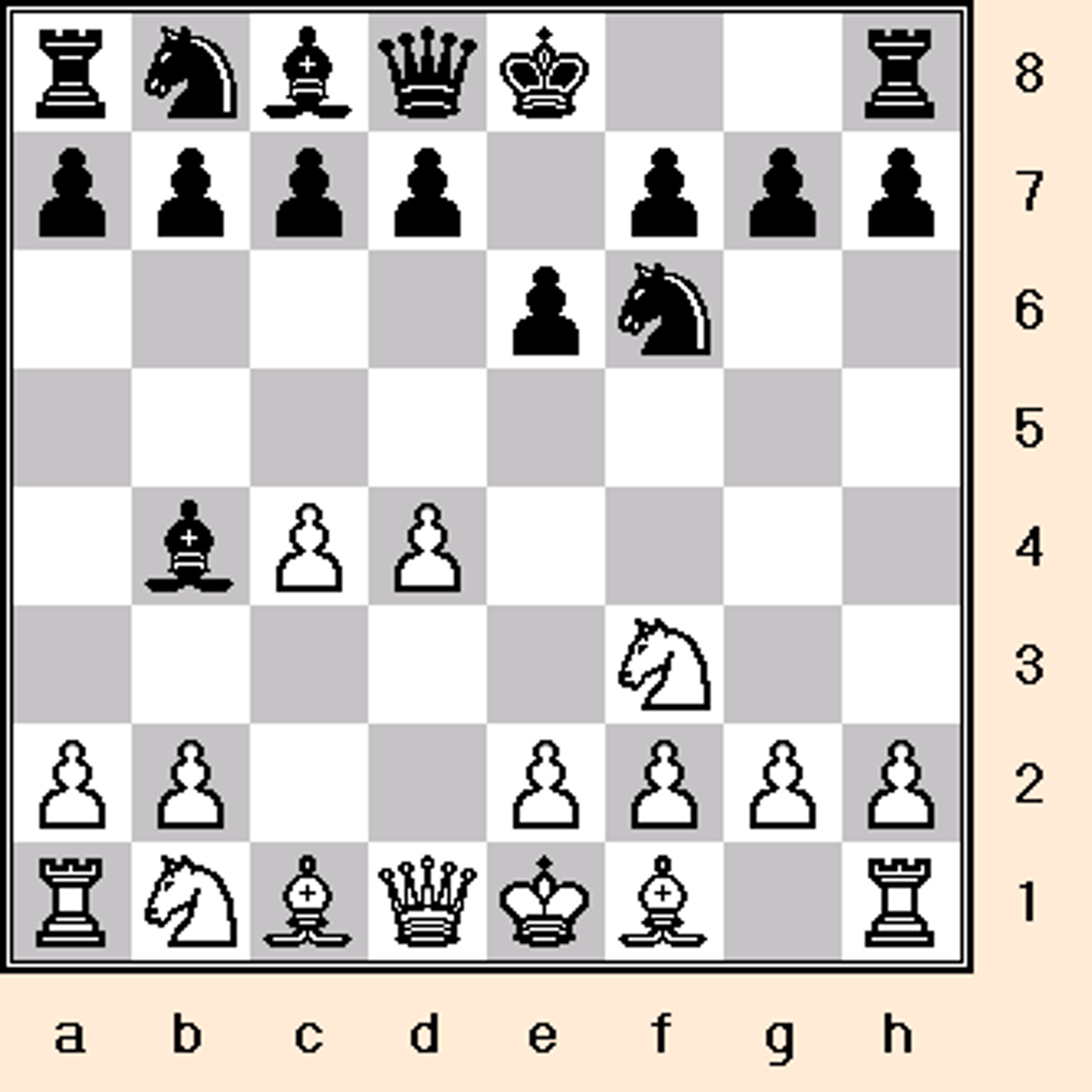 <p>1. d4 Nf6 2. c4 e6 3. Nf3 Bb4+</p>