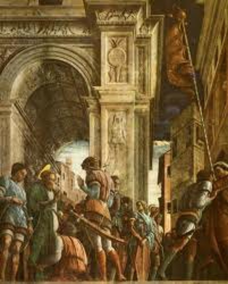 <p>Mantegna Andrea, 1455 AD</p><p>in Padua, Italy, destroyed in WWII, St. James in focus because of green and halo, 1st to be martyred, linear perspective, chiaroscuro, spatially realistic, historically realistic</p>