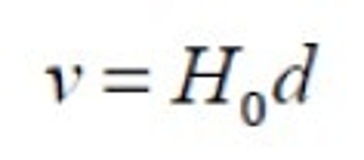 <p>v = H0 x d ( In the equation, </p><p> <em>v </em>is the velocity of a receding galaxy, <em>d</em></p><p> is the distance to the galaxy and <em>H0 </em>is the Hubble's constant.</p>