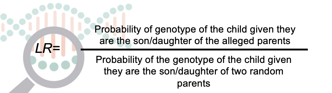 <p>Probability of genotype of the child given they are the son/daughter of the alleged parents OVER Probability of the genotype of the child given they are the son/daughter of two random parents</p>