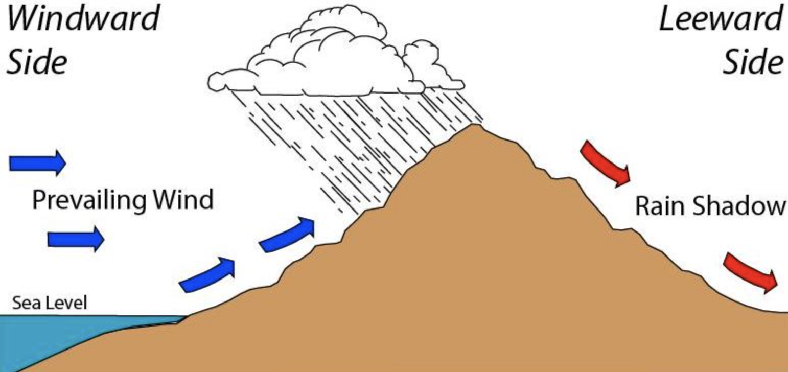 <p>A dry area on the leeward side of a mountain range, created when moist air rises and cools, causing precipitation on the windward side. </p>