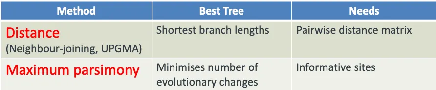<p><strong><em><mark data-color="green" style="background-color: green; color: inherit;">Distance:</mark></em></strong></p><ul><li><p><mark data-color="green" style="background-color: green; color: inherit;">Using </mark><u><mark data-color="green" style="background-color: green; color: inherit;">aligned DNA or amino acid sequences </mark></u><mark data-color="green" style="background-color: green; color: inherit;">calculate the </mark><u><mark data-color="green" style="background-color: green; color: inherit;">number of differences</mark></u><mark data-color="green" style="background-color: green; color: inherit;"> between all pairs of sequences</mark></p></li><li><p><strong><mark data-color="green" style="background-color: green; color: inherit;">Computational</mark></strong></p></li></ul><p></p><p><strong><em><mark data-color="red" style="background-color: red; color: inherit;">Max. parsimony:</mark></em></strong></p><ul><li><p><strong><mark data-color="red" style="background-color: red; color: inherit;">use UPGMA</mark></strong></p></li><li><p><mark data-color="red" style="background-color: red; color: inherit;">check ppt notes</mark></p></li><li><p><mark data-color="red" style="background-color: red; color: inherit;">draw in scale</mark></p></li></ul><p></p>
