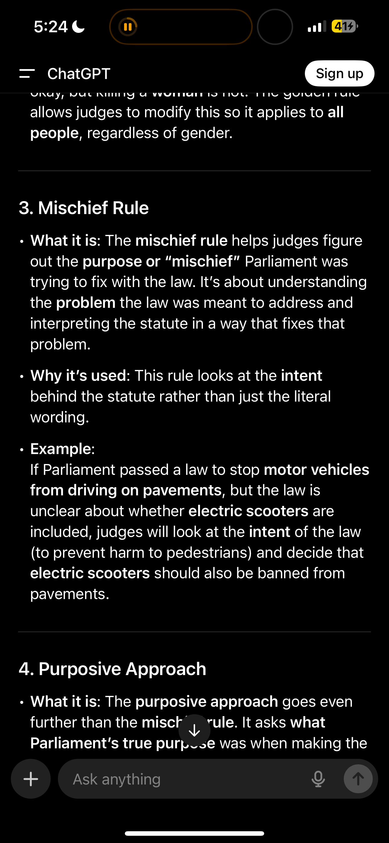 <p>When judges use the problem or mischief the government was tryna fix with a certain law and interpret it based on that</p>