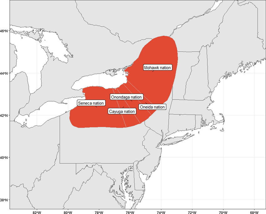 <p>Matrilineal society united under the Haudenosaunee Confederacy. Adopted agriculture fully in the 1300s. </p>