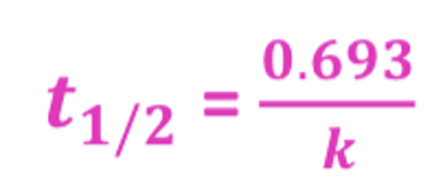 <p>t½ = 0.693/k</p><p>- units of t½=min,hour,day</p><p>- units of k= hour^-1 for 1st order</p>