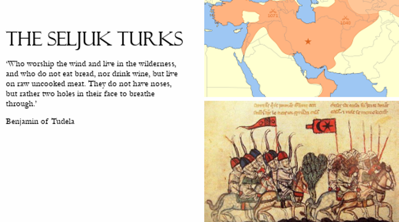 <p><strong><span>reform movem. had heated up</span></strong> - Edward II keen to hammer his advantage as forceful king; making effort to enforce viol.</p><p><strong>context collapse East </strong>(Urban said rescuing East - what ←?)</p><p>crumbling Eastern orthodox/Byzantine Empire at hands Seljuk Turks</p><ul><li><p>New group Muslims (Seljuk Turks) moved into region + sacked holy cities + made it m/m diffic. for Christians to make their pilgrimages.</p></li></ul><p>new force who terrified MA <span data-name="earth_africa" data-type="emoji">🌍</span></p><ul><li><p>Even contemirary Muslim chroniclers shocked at their apparent lack of civility → spread rumous e.g. below…</p></li></ul><p>(defeated @ Battle of Manzikert, 1071) Byzantines felt threat &amp; <strong><span style="color: yellow"><mark data-color="yellow">Alexios I</mark></span></strong> called upon West (Pope) for help - ask. for expedition to supp. him - prob. aorund 1000 not 100,000 that turned up lol</p><p><strong>trade</strong></p><p>contact existed pre-Crusades throughout 11thC byt threatened by Suljuk Turks - econ. reasons</p>