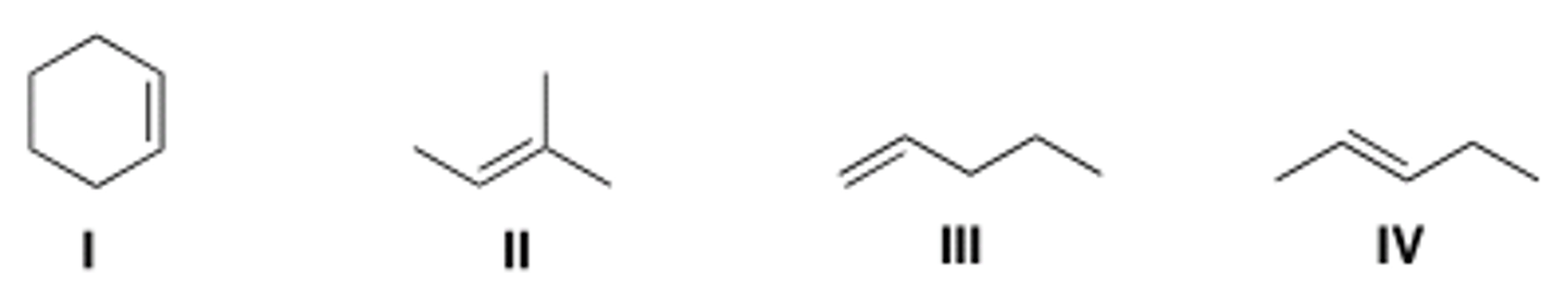 <p>Which of the following alkenes undergoes allylic bromination to form a single</p><p>monobrominated product?</p><p>A) I B) II C) III D) IV</p>