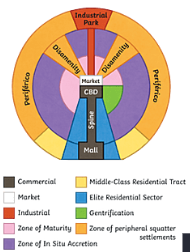 <ul><li><p>Shares basic structures of the Concentric Zone and Sector City Models.</p></li><li><p>Characteristized by the “spine” that runs from the modernized CBD in the center, through wealthy housing and connects to a secondary urban center called the mall.</p></li></ul>