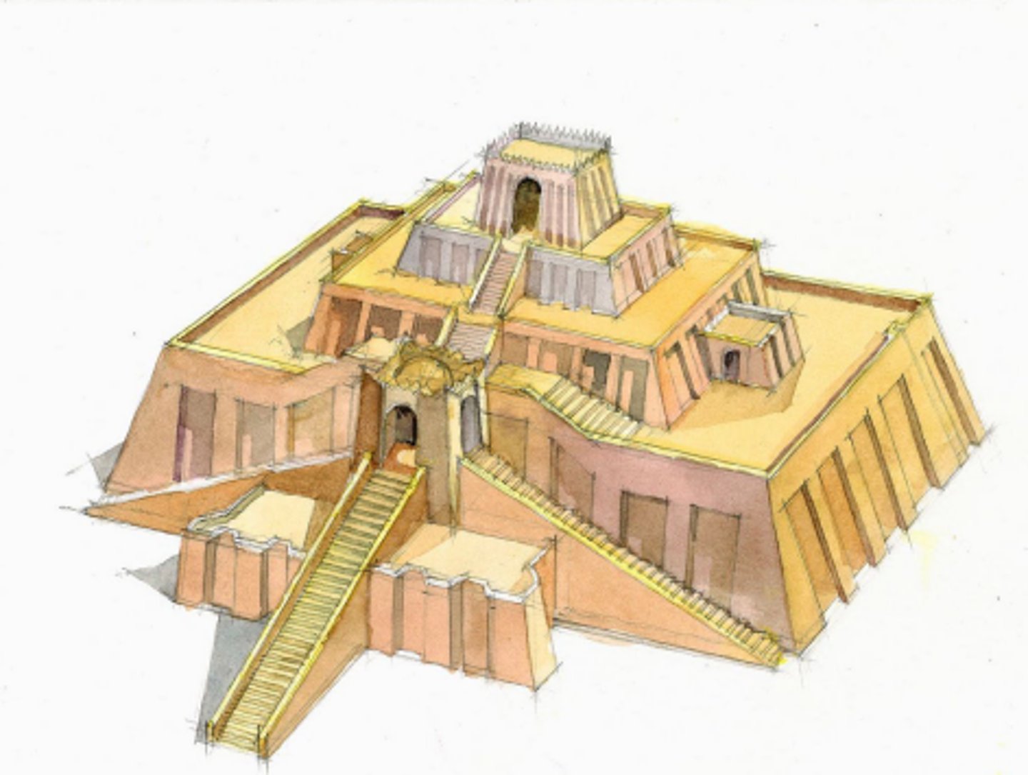 <p>Ancient Mesopotamian staged temple-tower of pyramidal form in which each successive stage is smaller than that below it, leaving a terrace all around it</p>
