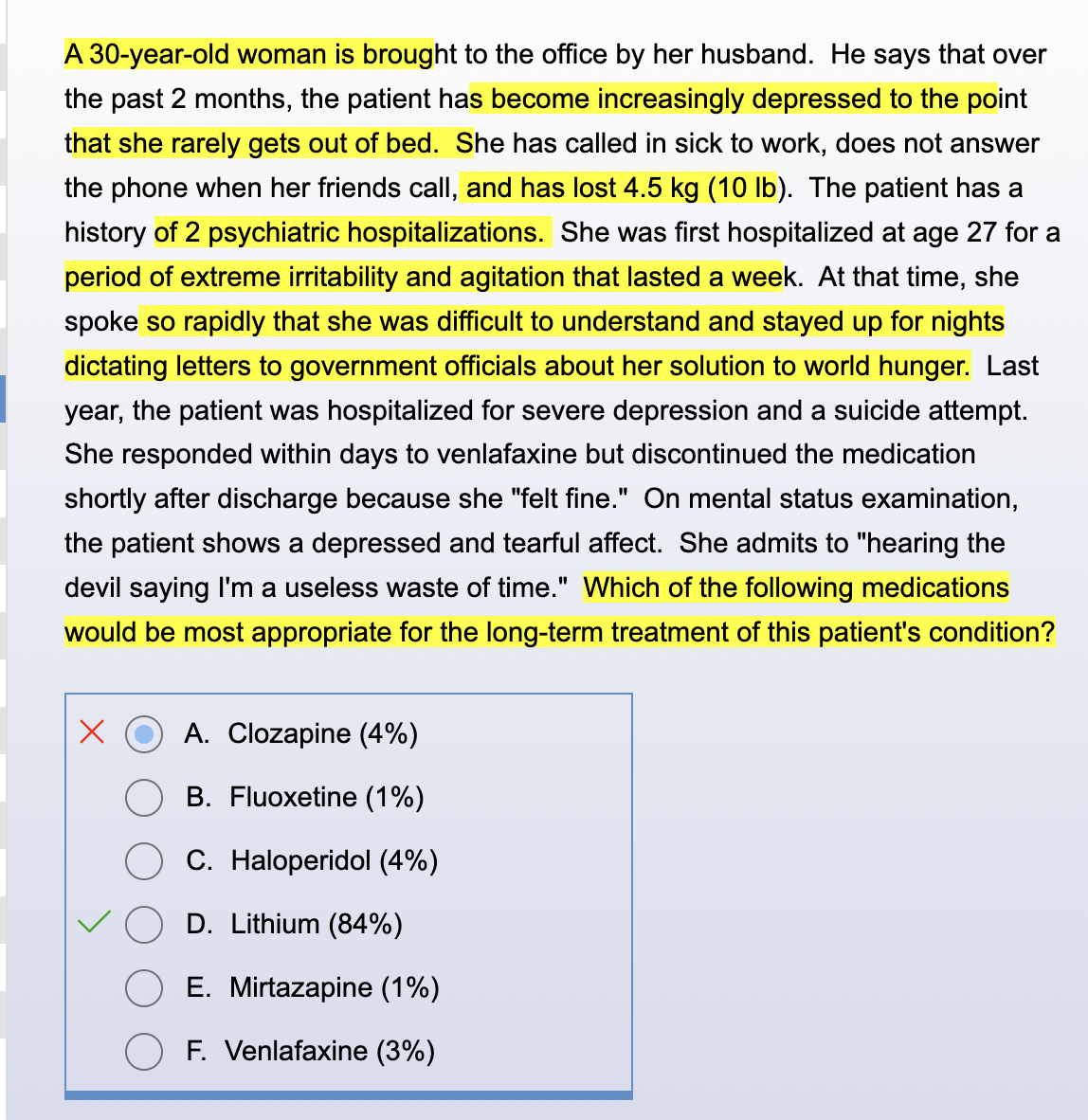 <p>Schizophrenia or BD I </p>