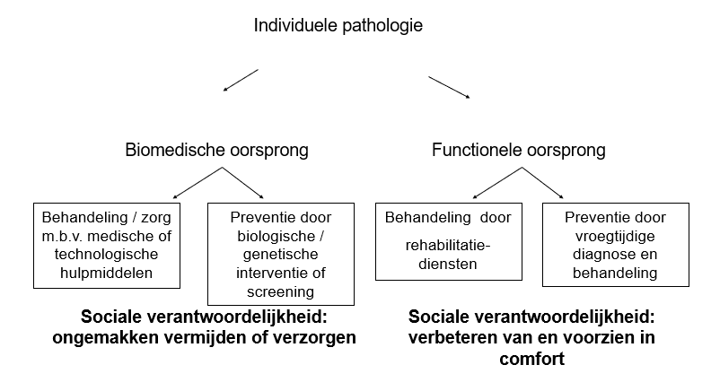 <ul><li><p>Biomedische oorsprong</p><ul><li><p>focust op afkomst handicap</p></li><li><p>preventie/screening door genetische interventie etc</p></li><li><p>bv NIPT test; dokters</p></li></ul></li><li><p>Functionele oorsprong</p><ul><li><p>focust op gevolgen van handicap</p></li><li><p>preventie door diagnose en vroege behandeling</p></li><li><p>bv iemand met Down syndroom helpen; revalidatiewetenschappen</p></li></ul></li></ul>
