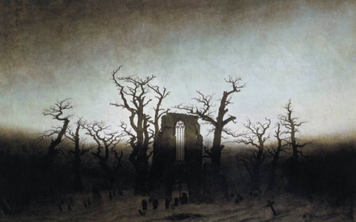 <p>Friedrich, 1810, Romanticism, Germany, oil on canvas. An old abbey(religious building) in disrepair and the painting shows that nature is eternal while what man makes is transient. The moon and other elements give a sense of renewal and resurrection to represent eternal issues.</p>