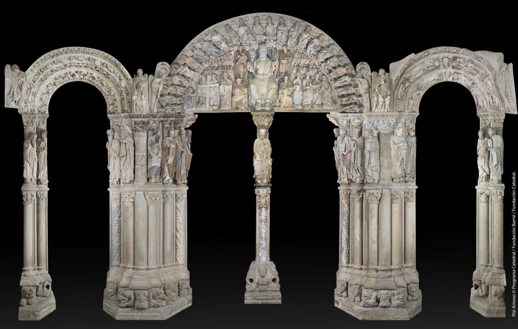 <p>The Romanesque sculpture/architecture located at one of the entrances of the Cathedral of Santiago de Compostela</p><ul><li><p>Created between (1168-1188)</p></li><li><p><span><span>Three-arched portal is renowned for its detailed, polychrome, and symbolic sculptures, including Christ, the Apostles, and the 24 elders of the Apocalypse.&nbsp;</span></span></p></li></ul><p></p>