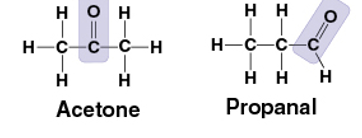 <p>C=O</p><p>compound name: Ketone- the carbonyl group is in the middle</p><p>ex) Acetone</p><p>Aldehyde- the carbonlyl group is at the end</p><p>ex) <mark data-color="yellow" style="background-color: yellow; color: inherit">Propanal</mark></p><p>polar- oxygen has high electronegativity</p>