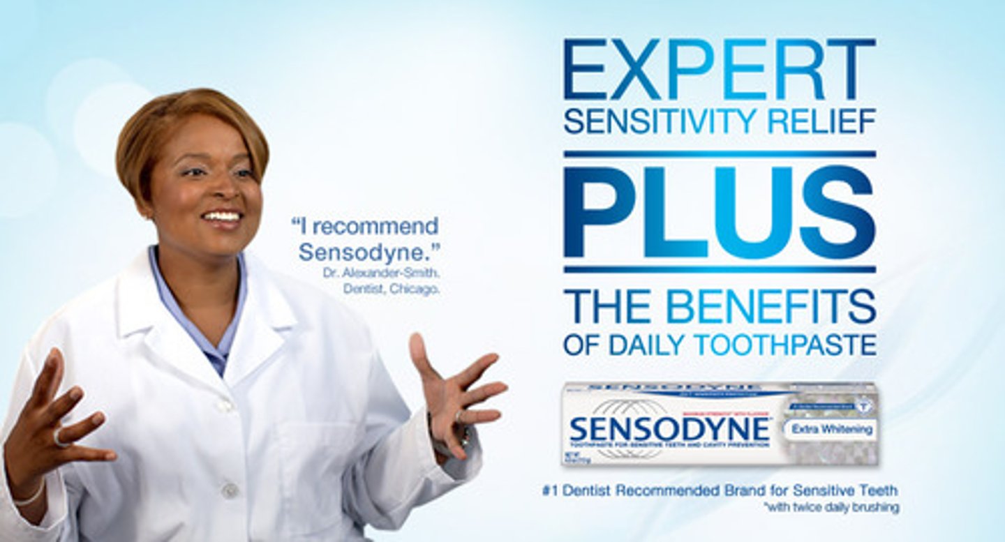 <p>Text: "I recommend Sensodyne." - Dr. Alexander-Smith, Dentist, Chicago</p>