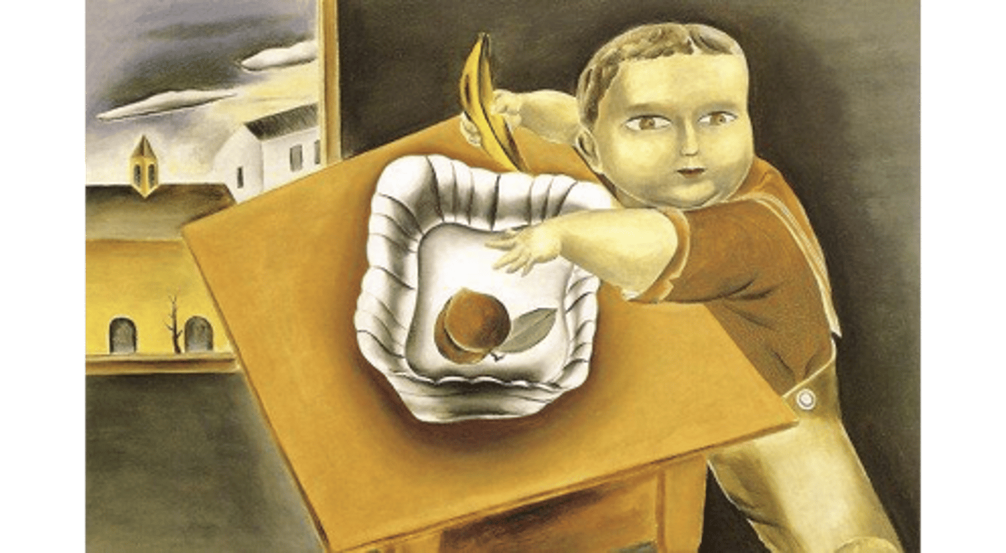 <p>Yasuo Kuniyoshi, typical example of his work, spatial relations are off, has unified color palette, inspired by American folk art, Kuniyoshi collected folk art, form of artistic primitivism, incorporated many influences and references into painting. Reference to scarcity of fruit in Japan, folk tales, american self-taught painting, identity as American was questioned</p>