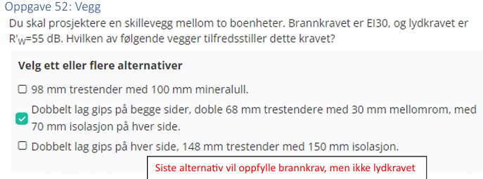 <p>Dobbelt lag gips på begge sider, doble 68 mm trestendere med 30 mmm mellomrom, med 70 mm isolasjon på hver side. </p>