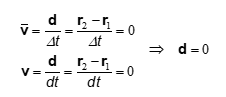 <ul><li><p>Average v=0 </p><ul><li><p>no displacement=no net motion</p></li></ul></li><li><p>instantaneous v=0</p><ul><li><p>zero instant speed= not moving </p></li><li><p>constant position </p></li></ul></li></ul><p>basically average v can move around but it then goes back to the original point and shows there was no displacement. instantaneous does not have enough time to move so you stay in the same spot </p>