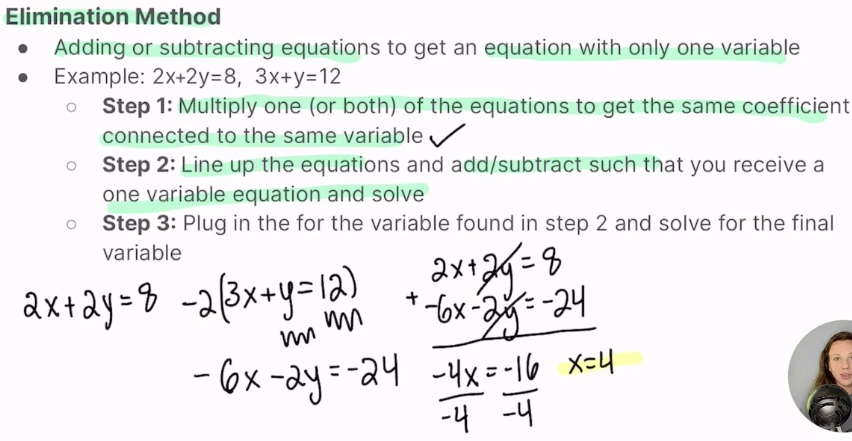 <p>Adding or subtract equations to get an equation with only one variable. Manipulate equations by multiplying across an equation</p>
