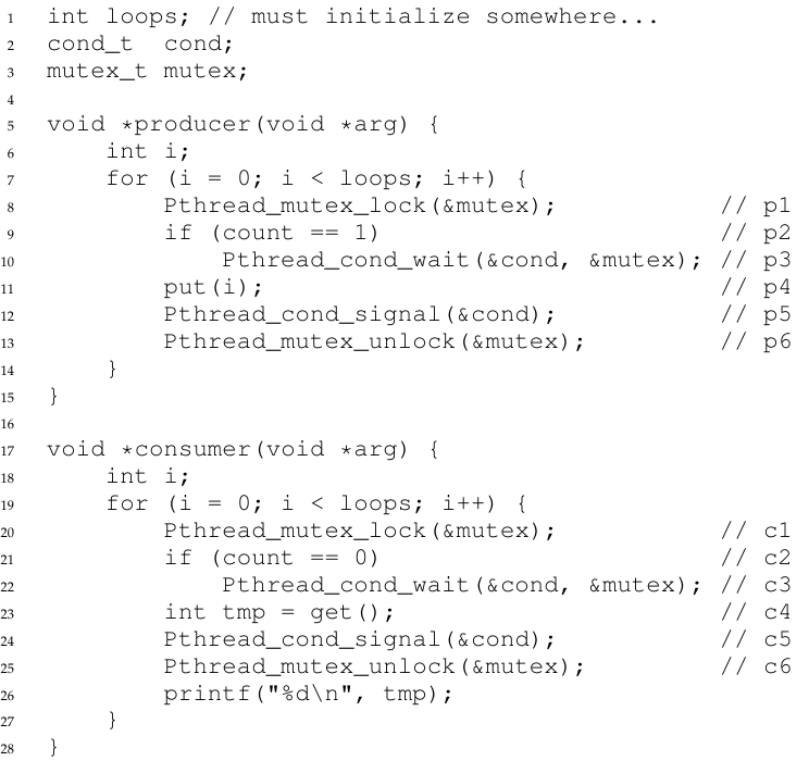 <p>Given the following multi-thread program. After executing line 13, the next line to be executed is what?</p><ol><li><p>Line 6 to continue executing the next iteration of the for-loop.</p></li><li><p>Line 16 because the producer already produces and now the consumer has to consume.</p></li><li><p>Line 21 where a consumer is sleeping and now wake up.</p></li><li><p>The next line to be executed is up to the scheduler.</p></li></ol><p></p>