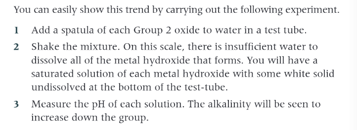 <p>it increases down the group, so the hydroxides contain more OH- ions and are more alkaline. Mg(OH)2 has a ph about 10 and then Ba(OH)2 has a greater concentration of OH- ions so Ph is about 13</p>
