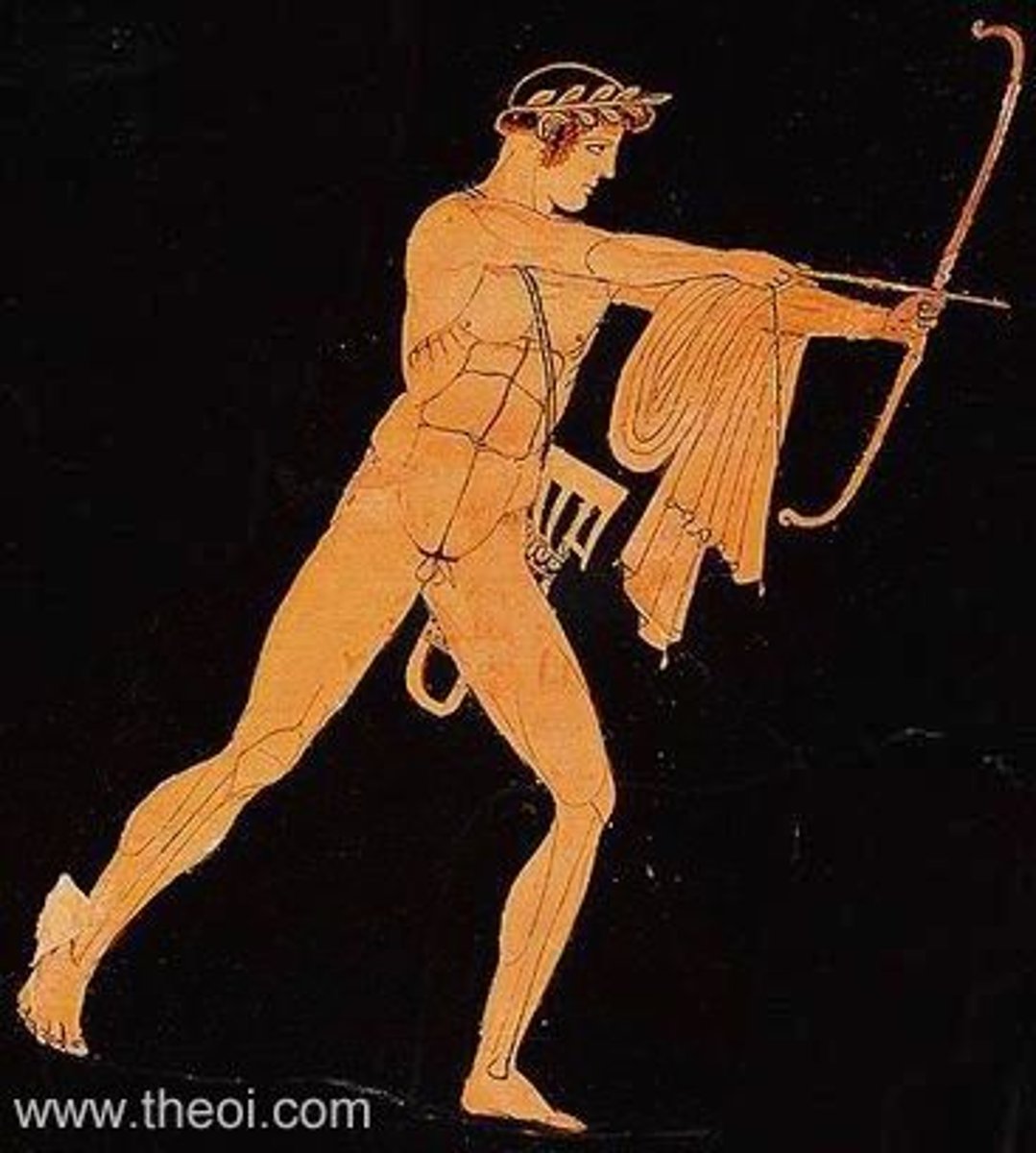 <p>Shown with his bow and arrow and lyre</p><p>Shown in eternal youth</p>
