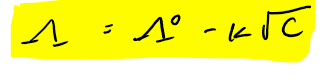 <ul><li><p>molar conductivity decreases as conc increases because interactions with ions. the more interactions the less it can conduct as they are slowed down</p></li></ul><p></p>