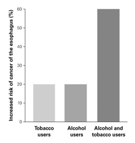 <p><span style="font-family: &quot;Times New Roman&quot;; font-size: 16px;">How does the use of tobacco and alcohol affect the risk of esophageal cancer?</span></p><p><span style="font-family: &quot;Times New Roman&quot;; font-size: 16px;">A) Esophageal cancer risk is doubled for people who only use tobacco.</span></p><p><span style="font-family: &quot;Times New Roman&quot;; font-size: 16px;">B)</span><span style="font-family: &quot;Times New Roman&quot;; font-size: 9.33px;">&nbsp; </span><span style="font-family: &quot;Times New Roman&quot;; font-size: 16px;">Esophageal cancer risk is reduced for people who only use alcohol.</span></p><p><span style="font-family: &quot;Times New Roman&quot;; font-size: 16px;">C)</span><span style="font-family: &quot;Times New Roman&quot;; font-size: 9.33px;">&nbsp; </span><span style="font-family: &quot;Times New Roman&quot;; font-size: 16px;">Esophageal cancer risk is three times as high for people who use both tobacco and alcohol.</span></p><p><span style="font-family: &quot;Times New Roman&quot;; font-size: 16px;">D) Esophageal cancer risk is six times as high for people who use both tobacco and alcohol.</span></p>