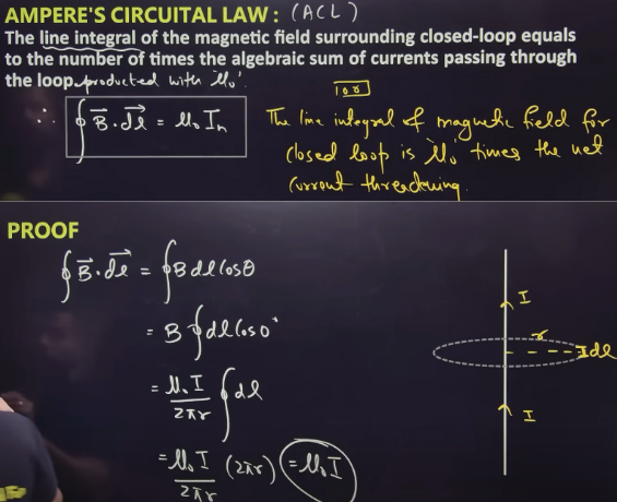 <p>the line intergral of the magnetic field surrounding closed loop equals to the number of times the algebraic sum of currents passing through the loop producted with nu not  </p><p></p><p>THE LINE INTEGRAL OF MAGNETIC FIELD FOR CLOSED LOOP IS NUENOT TIMES THE NET CURRENT THREADENING THE SURFACE </p>