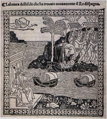 <p><strong>Description</strong>: </p><ul><li><p>Pieces of wood cut produce images of first New World Encounters accompanied with Columbus’s Letter. Native people ran away from Europeans.</p></li><li><p>Europeans appeared more advanced (ships, print, authority with scepter in hand, and military) than the natives and saw the Natives as vulnerable due to their nakedness (Christian roots from adam and eve)</p></li><li><p>Lack of traditions and religion, encouraged Europeans to control Natives with their own ideals built on structure and order</p></li></ul><p>(New Spain)</p>
