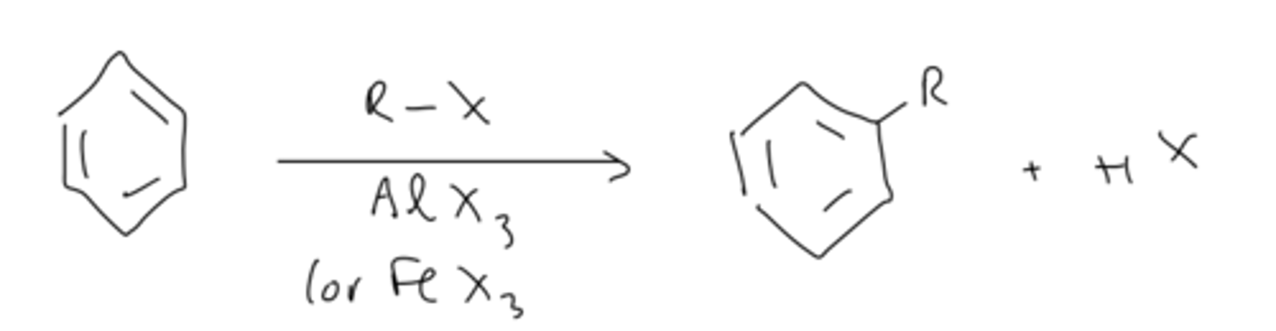 <p>benzene reacts with R-X and lewis acid catalyst (AlX3 or FeX3) to form a new carbon-carbon bond and H-X</p>